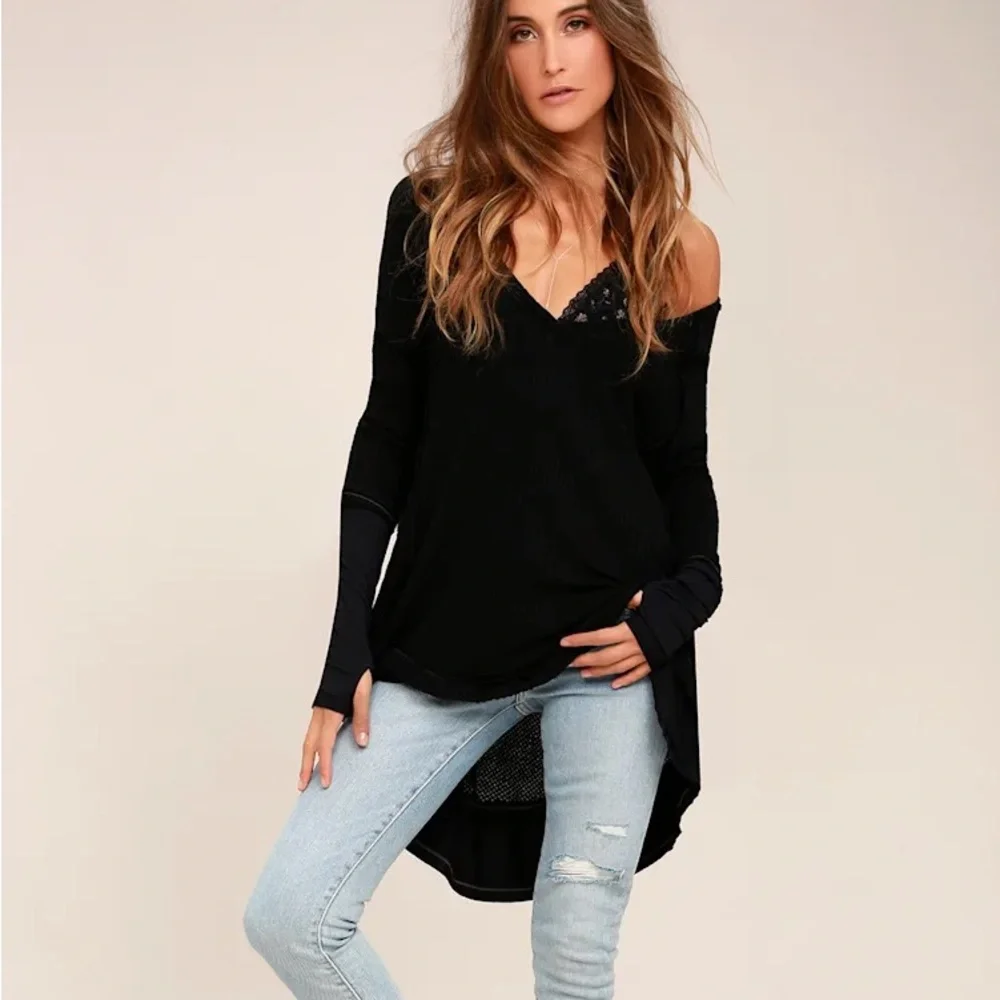 Free People Laguna Black Thermal Long Sleeve Top